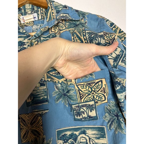 Vintage Reyn Spooner Men's Small Pullover 1/3 Button Blue Palm Trees Shirt FLAW - Picture 6 of 11
